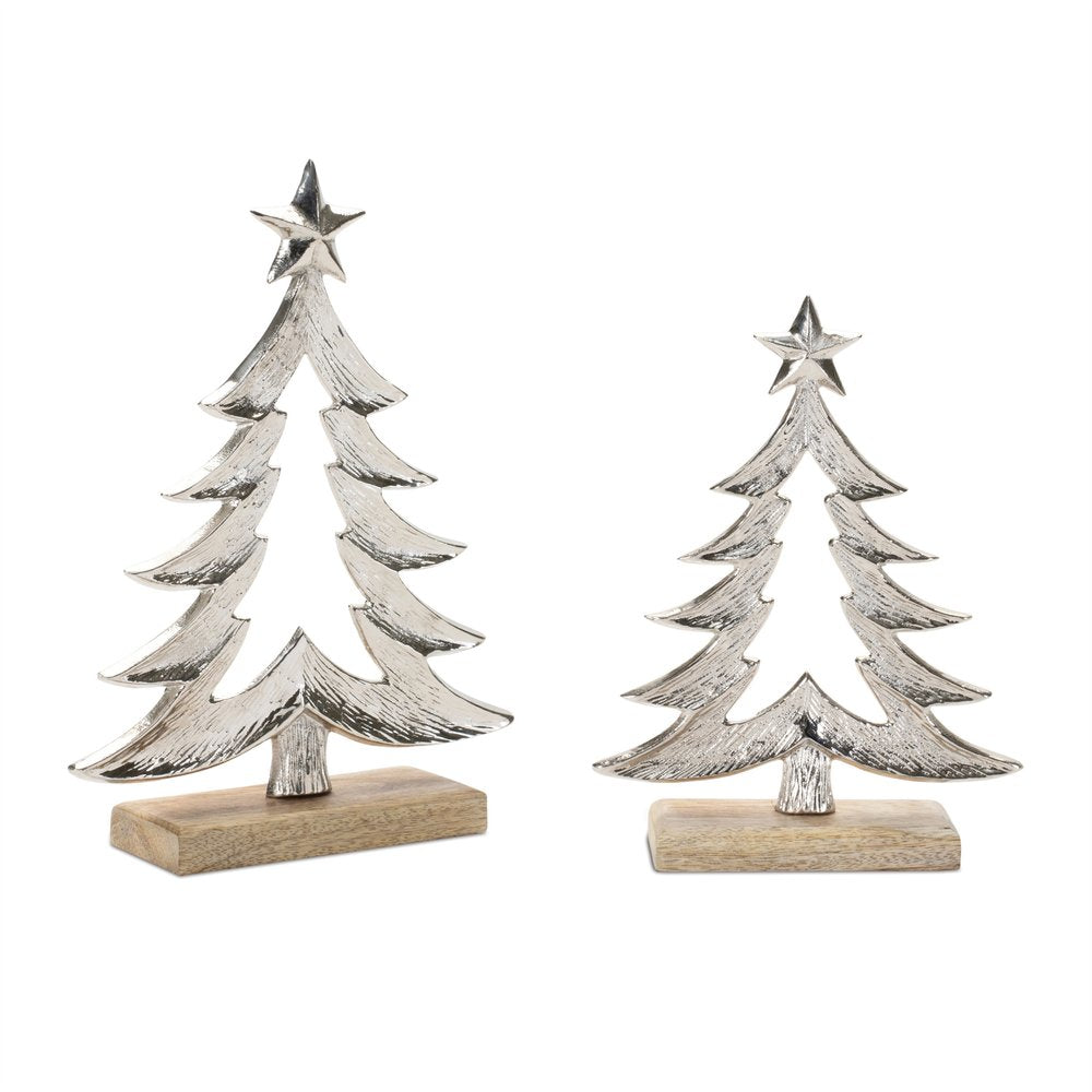 Set of Two Gray And Beige Aluminum Trees Christmas Christmas Tree Tabletop Sculpture