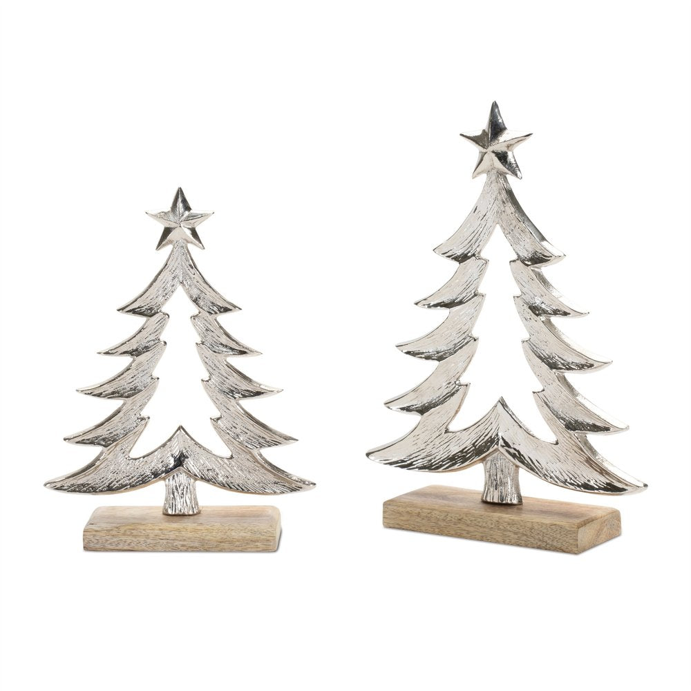 Set of Two Gray And Beige Aluminum Trees Christmas Christmas Tree Tabletop Sculpture