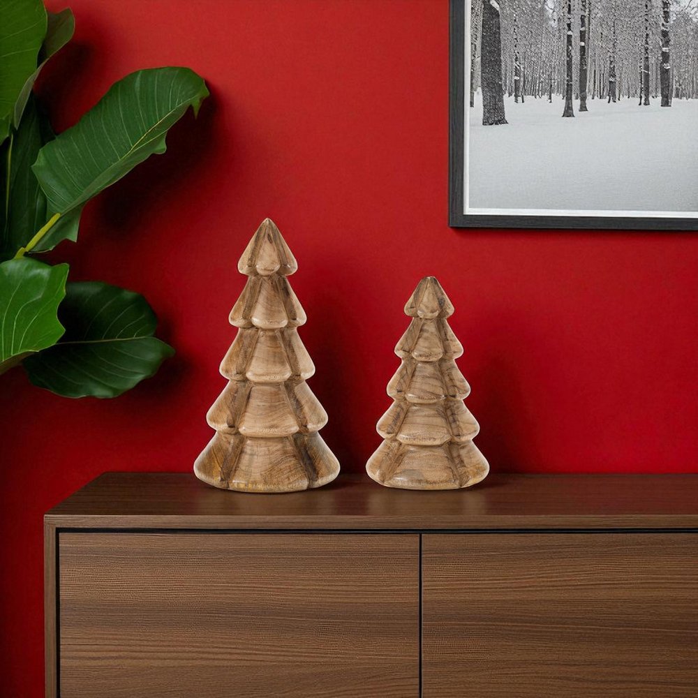 Set of Two Brown Wood Trees Tabletop Sculpture