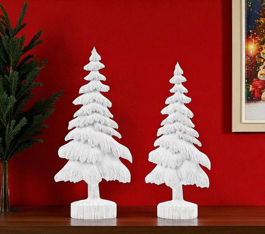 Set of Two White Polyresin Trees Tabletop Sculpture