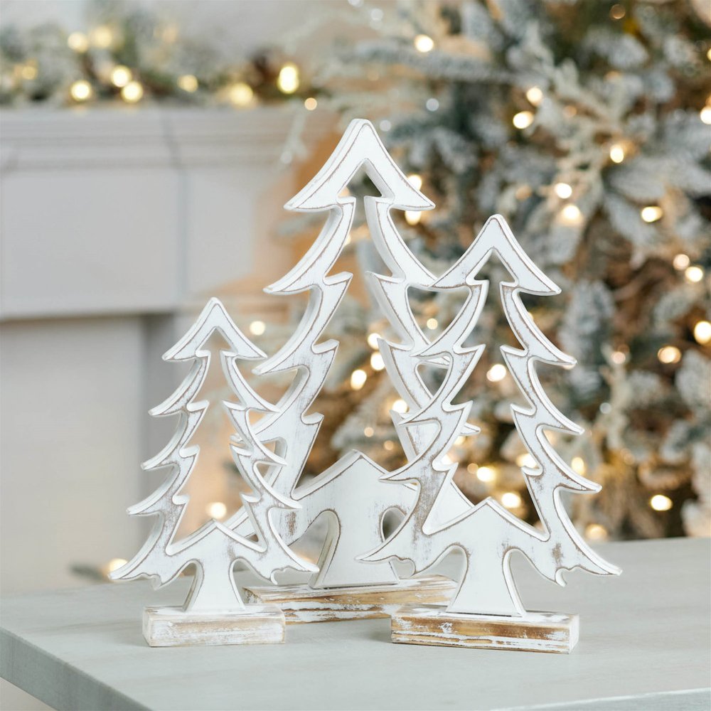 Set of Two White And Beige Trees Tabletop Sculpture