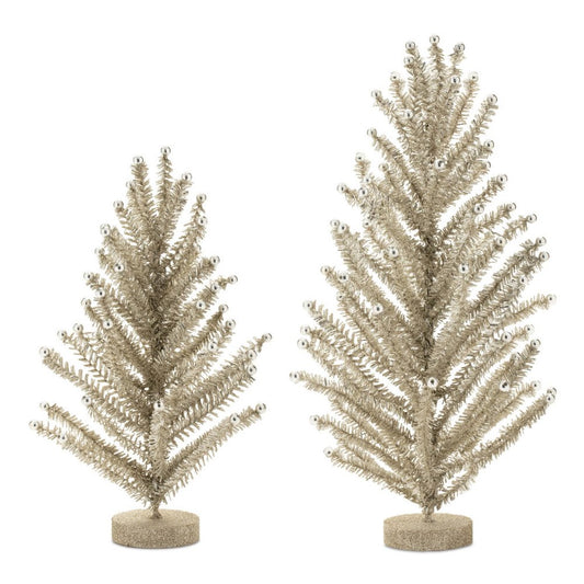 Set of Two Silver Plastic Trees Tabletop Sculpture