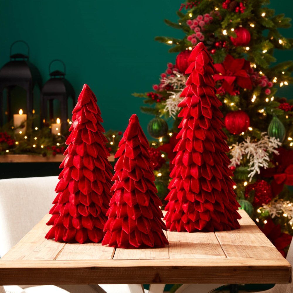Set of Two Red Fabric Trees Tabletop Sculpture