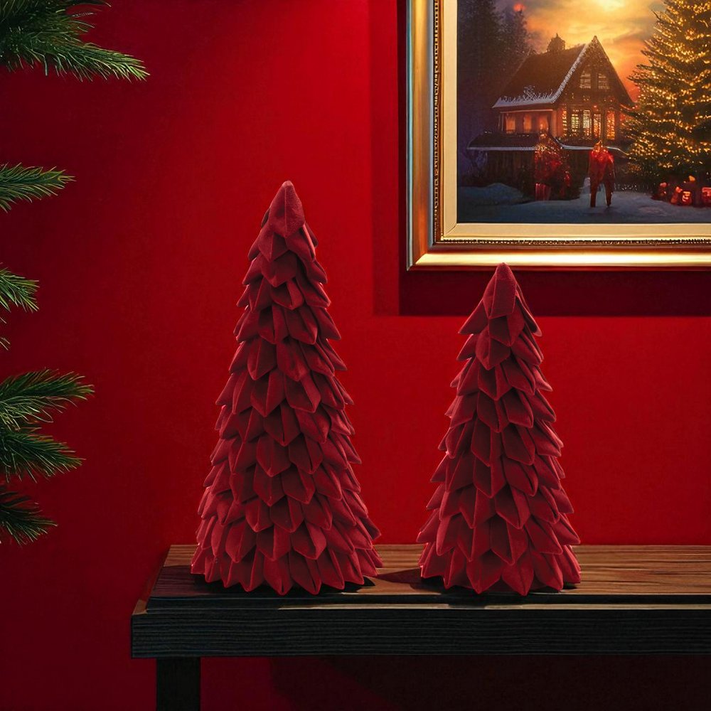 Set of Two Red Fabric Trees Tabletop Sculpture