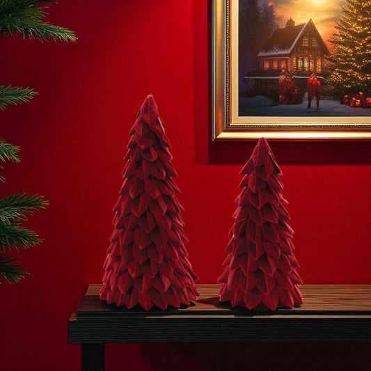 Set of Two Red Fabric Trees Tabletop Sculpture