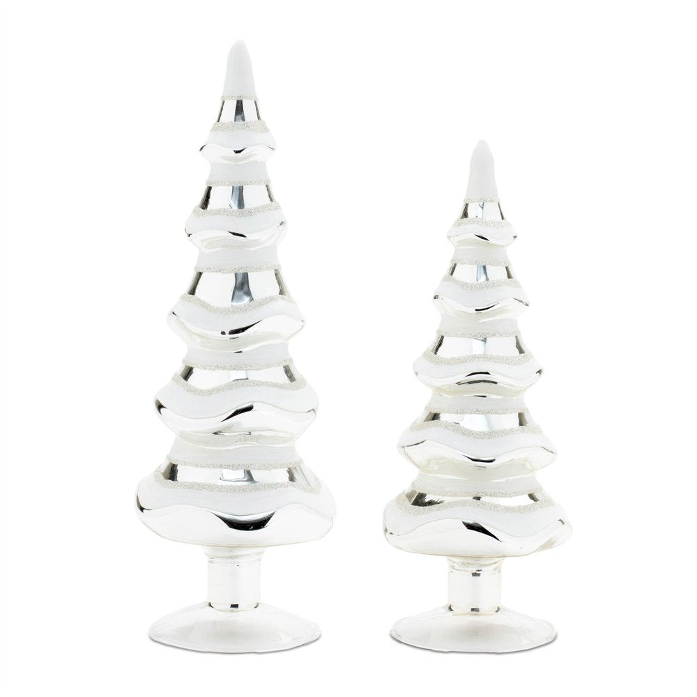 Set of Two Silver And White Glass Trees Tabletop Sculpture