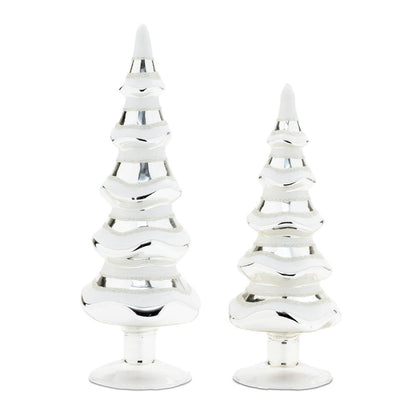 Set of Two Silver And White Glass Trees Tabletop Sculpture