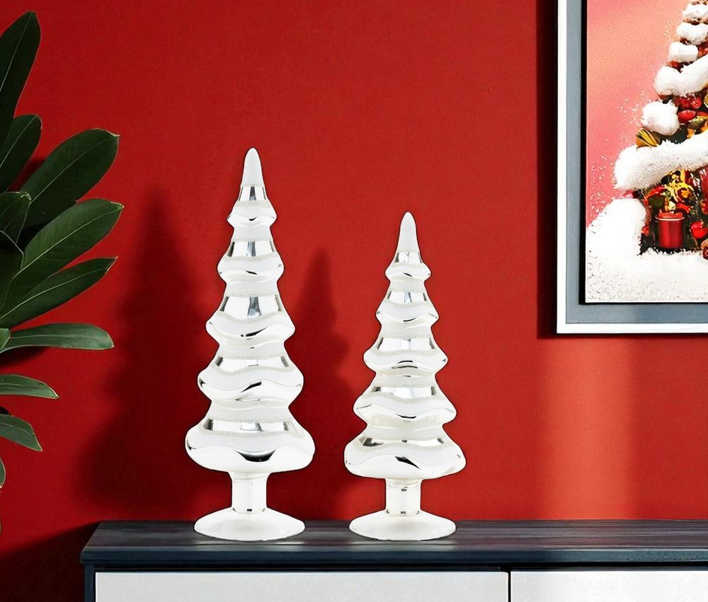 Set of Two Silver And White Glass Trees Tabletop Sculpture