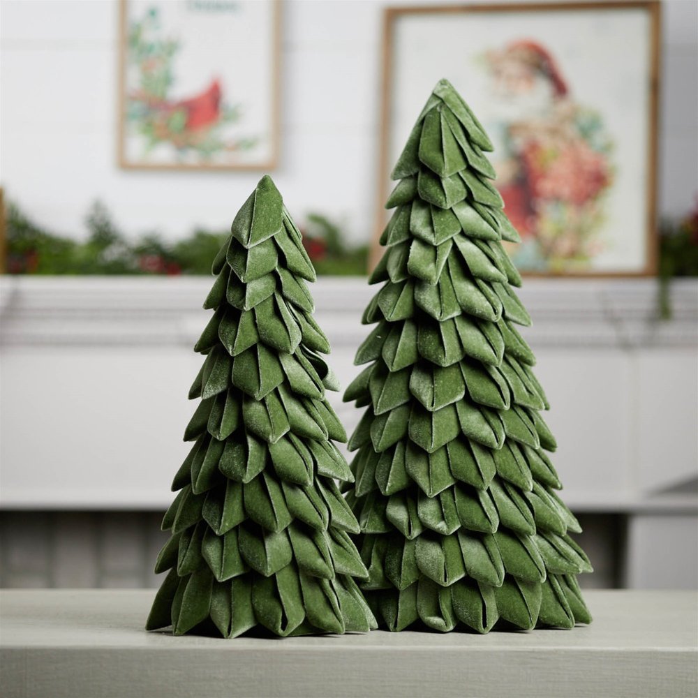 Set of Two Green Fabric Trees Tabletop Sculpture