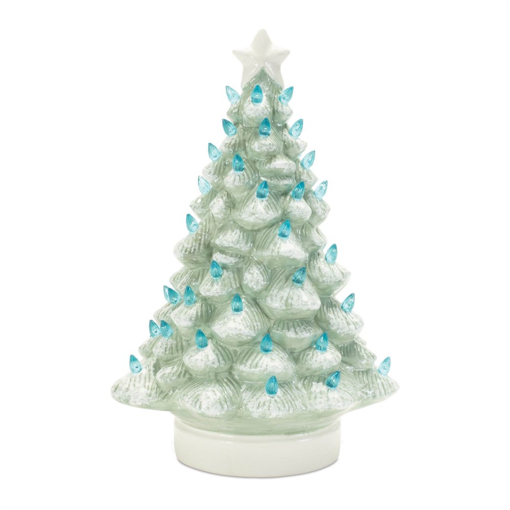 Set of Two Blue And White Ceramic Trees Christmas Christmas Tree Tabletop Sculpture with LED
