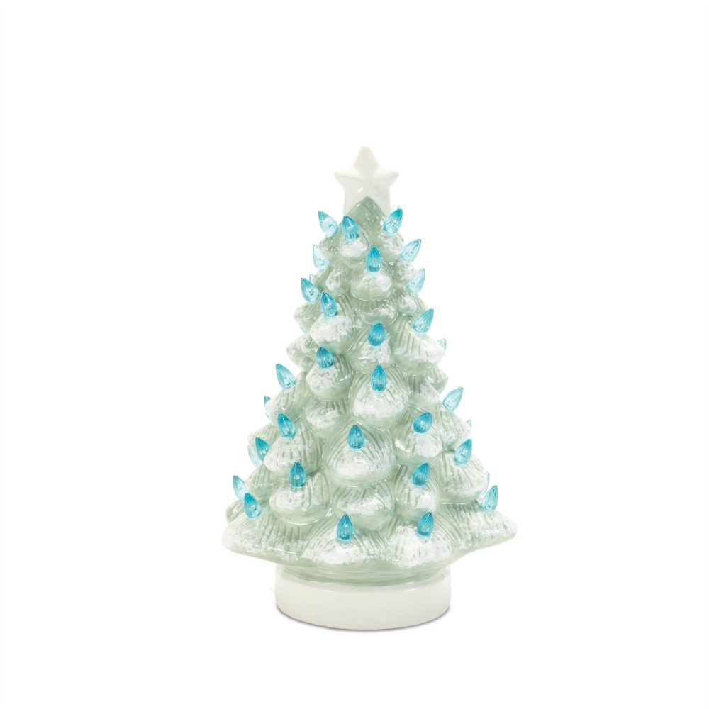 Set of Two Blue And White Ceramic Trees Christmas Christmas Tree Tabletop Sculpture with LED