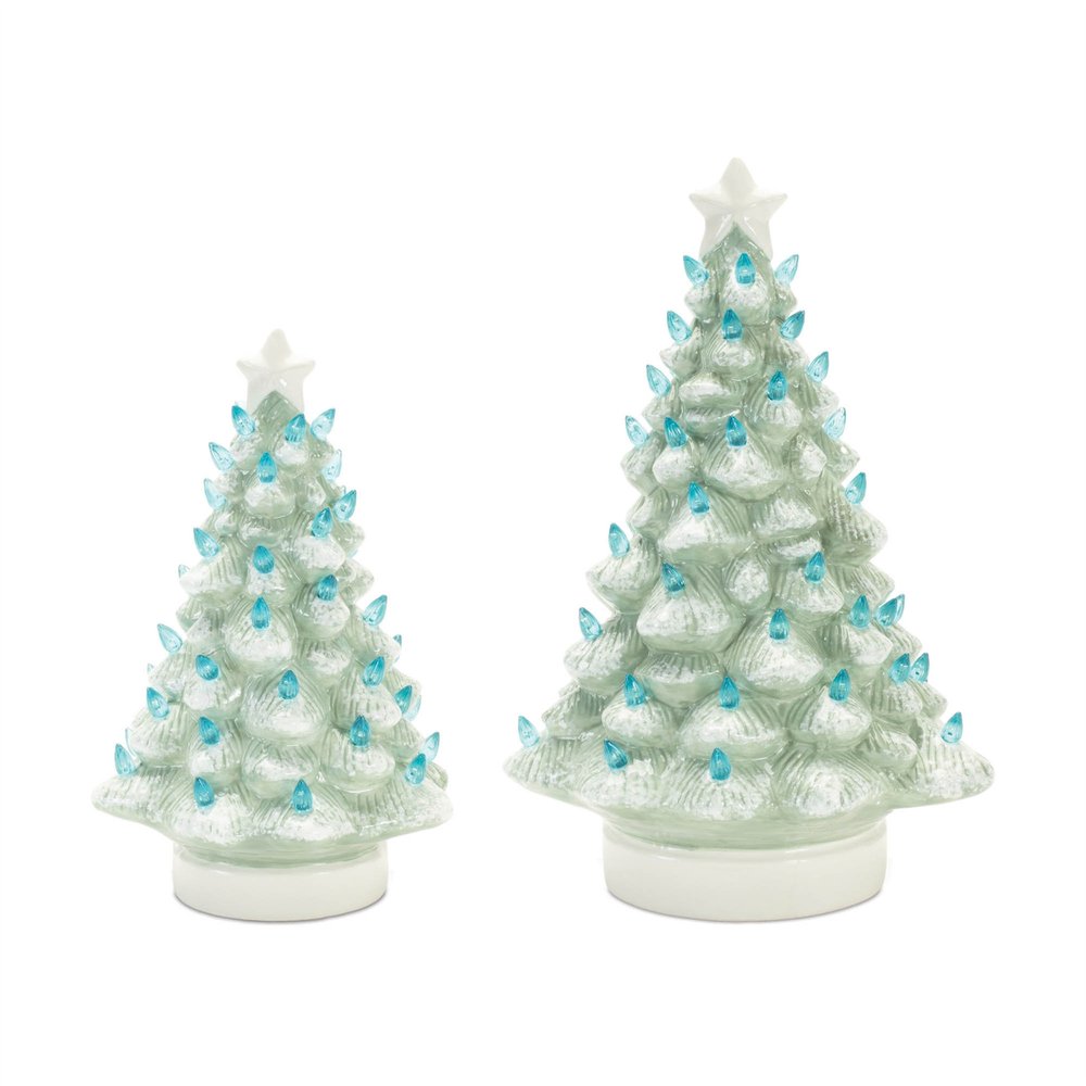 Set of Two Blue And White Ceramic Trees Christmas Christmas Tree Tabletop Sculpture with LED