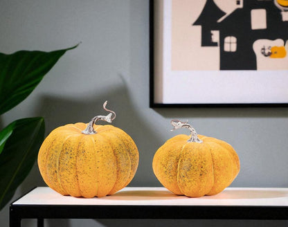 Set of Two Orange And Green Plastic Pumpkin Thanksgiving Pumpkin Tabletop Sculpture