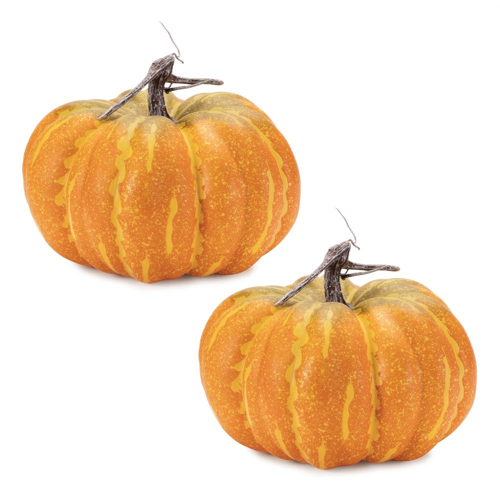 Set of Two Orange And Yellow Plastic Pumpkin Thanksgiving Pumpkin Tabletop Sculpture