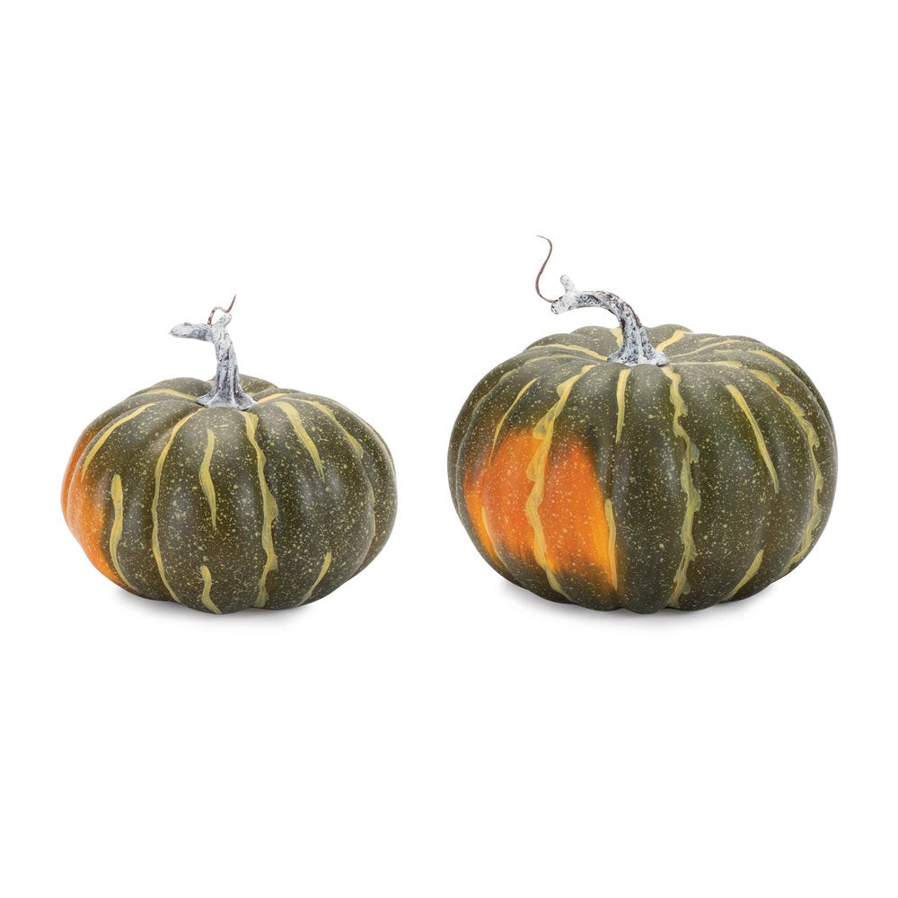 Set of Two Green And Orange Plastic Pumpkin Thanksgiving Pumpkin Tabletop Sculpture