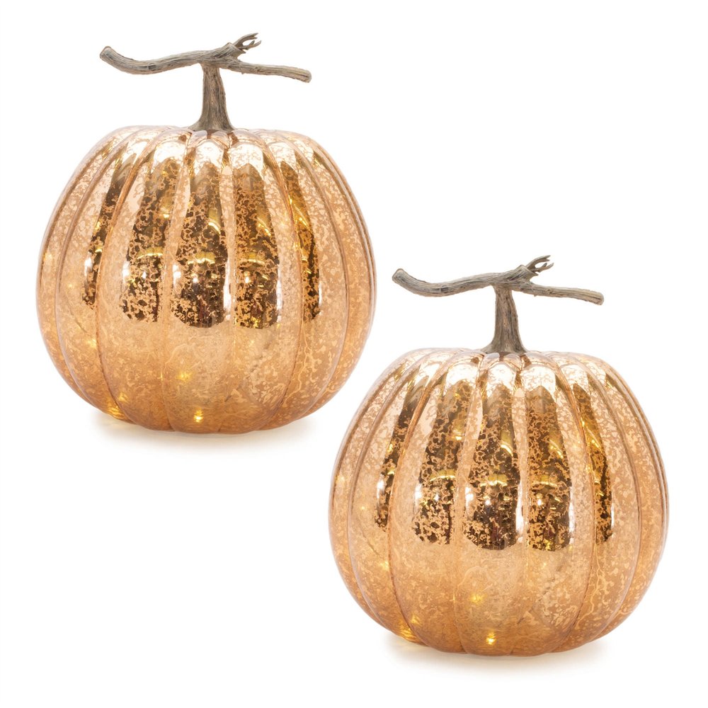 Set of Two Orange And Brown Glass Pumpkin Thanksgiving Pumpkin Tabletop Sculpture with LED