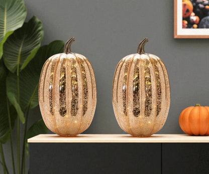 Set of Two Orange Glass Pumpkin Thanksgiving Pumpkin Tabletop Sculpture with LED