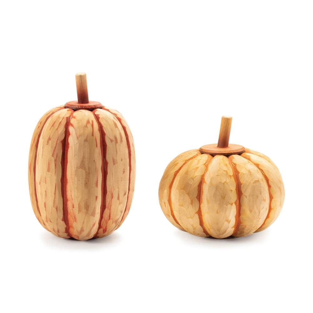 Set of Two Orange Wood Pumpkin Thanksgiving Pumpkin Tabletop Sculpture