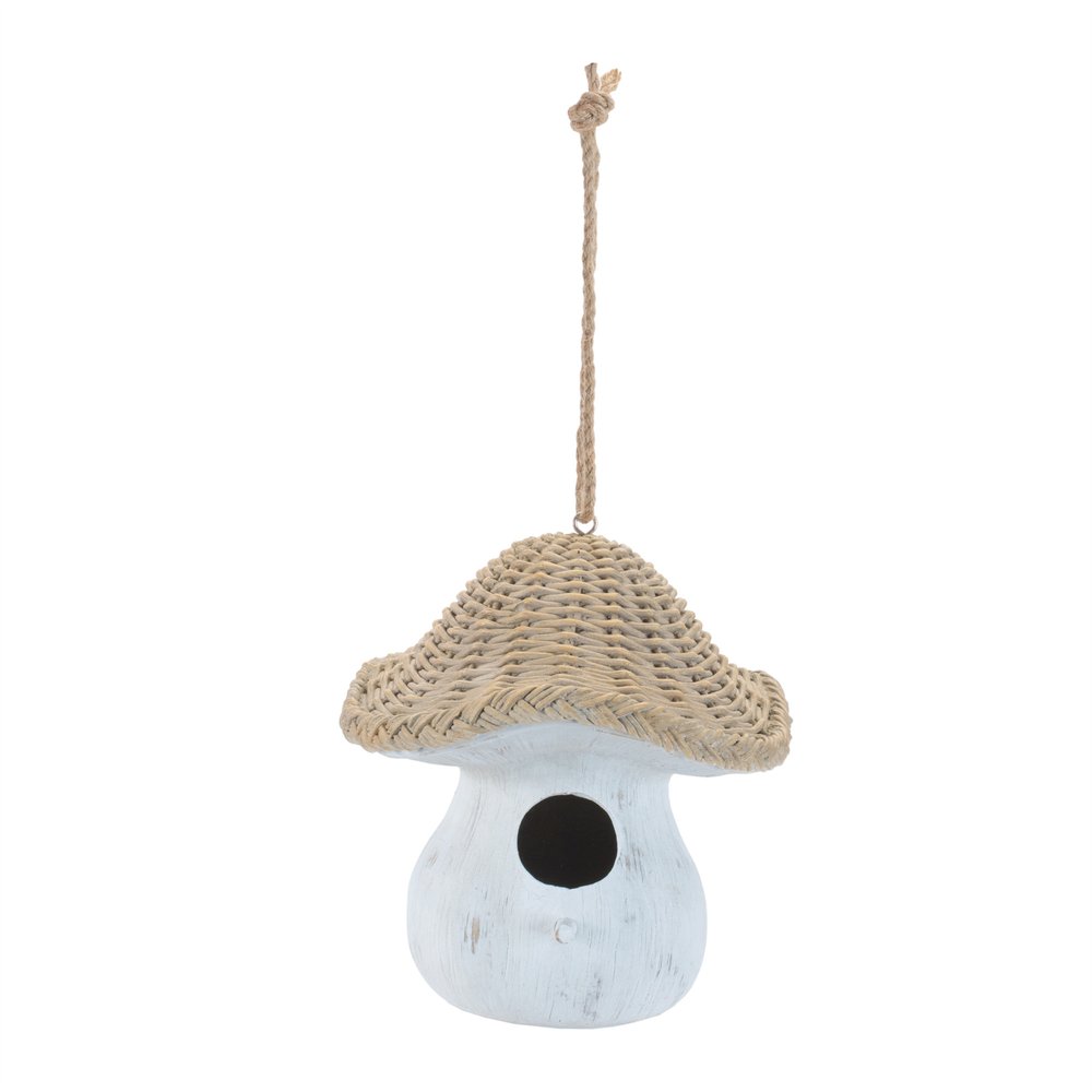 8" White And Beige Polyresin Mushroom Decorative Bird House
