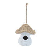 8" White And Beige Polyresin Mushroom Decorative Bird House