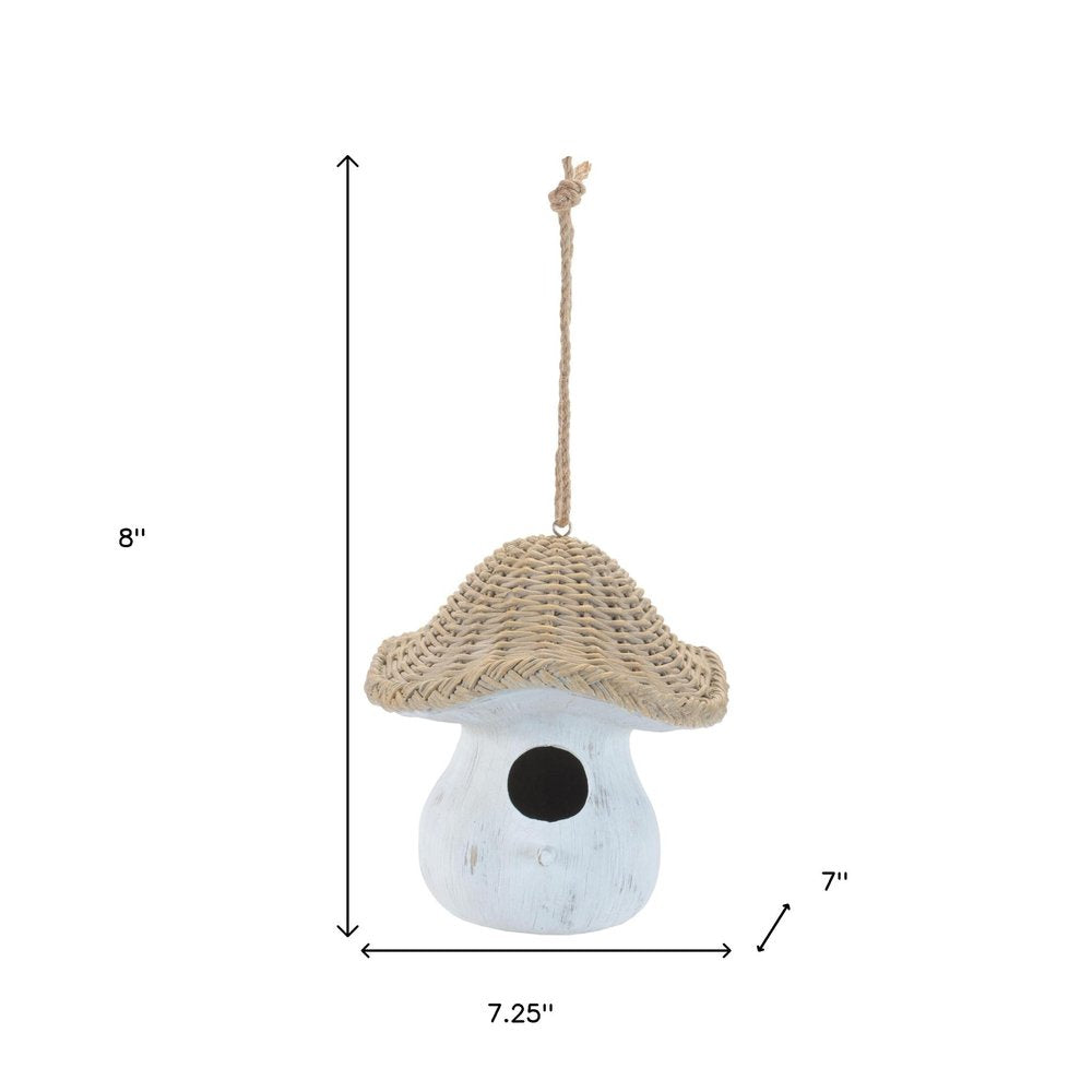 8" White And Beige Polyresin Mushroom Decorative Bird House