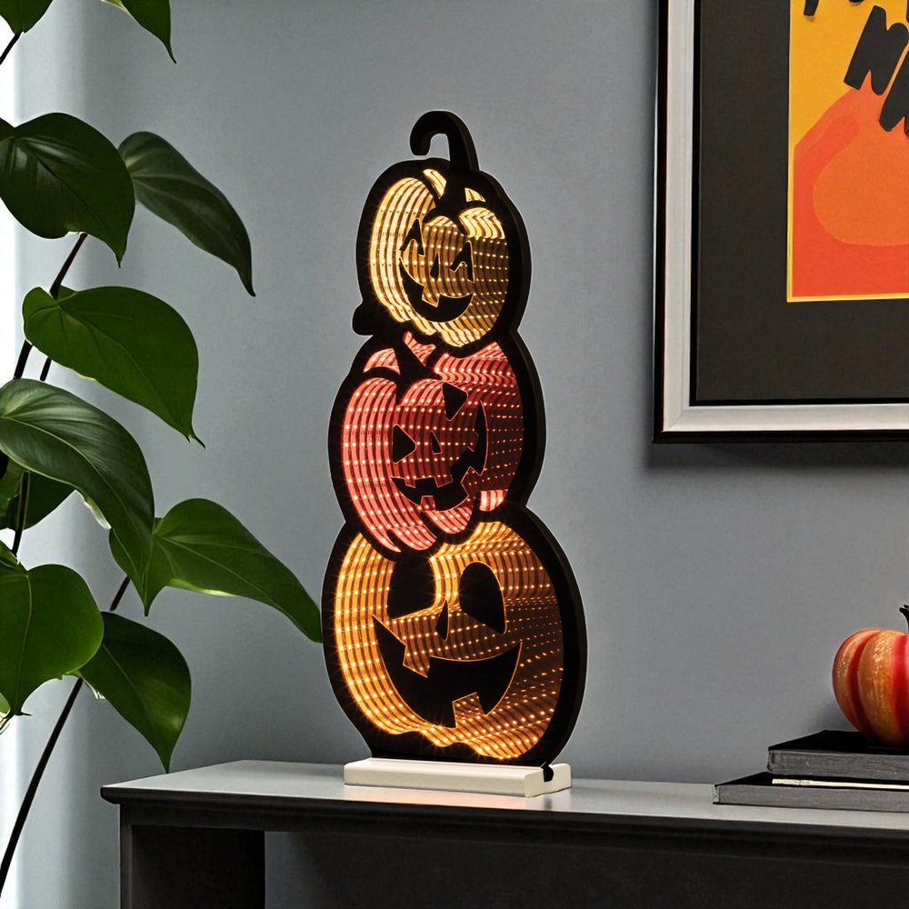 23" Orange Black And Yellow Acrylic Halloween Jack-O-Lantern Tabletop Sign with LED