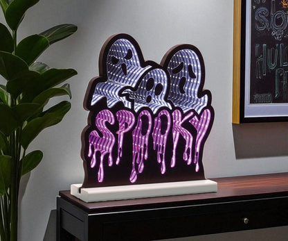 13" White Black And Purple Acrylic Halloween Ghost Tabletop Sign with LED