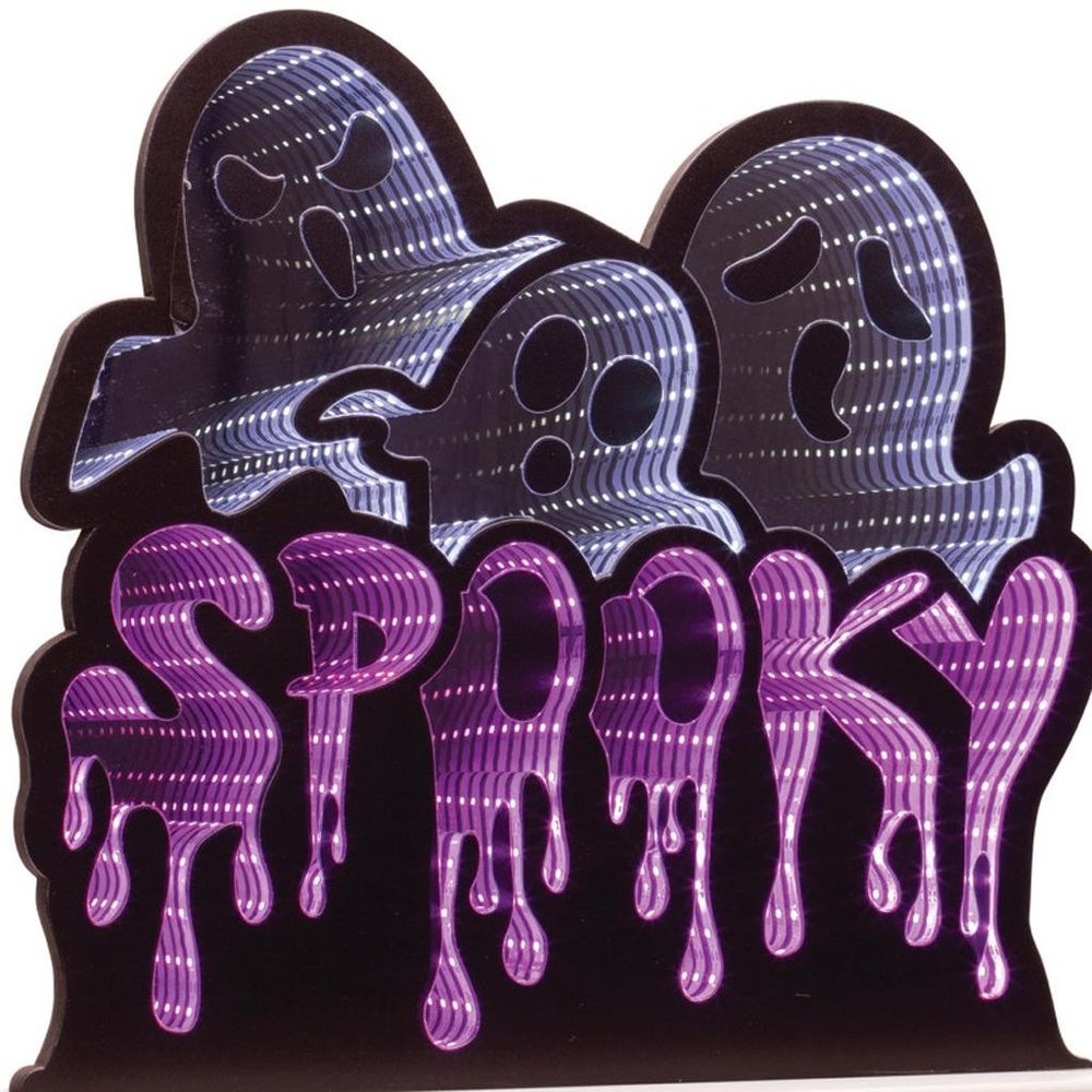 15" White Black And Purple Acrylic Halloween Ghost Tabletop Sign with LED