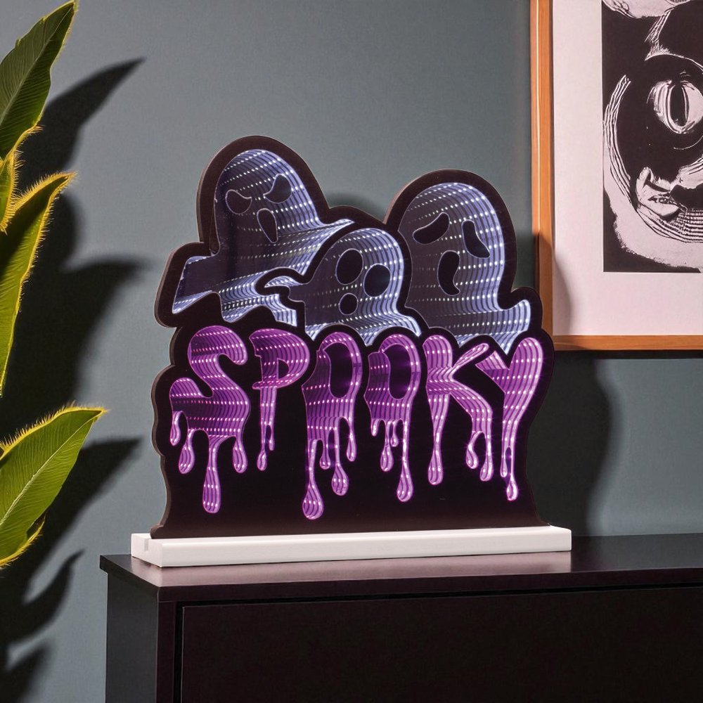 15" White Black And Purple Acrylic Halloween Ghost Tabletop Sign with LED