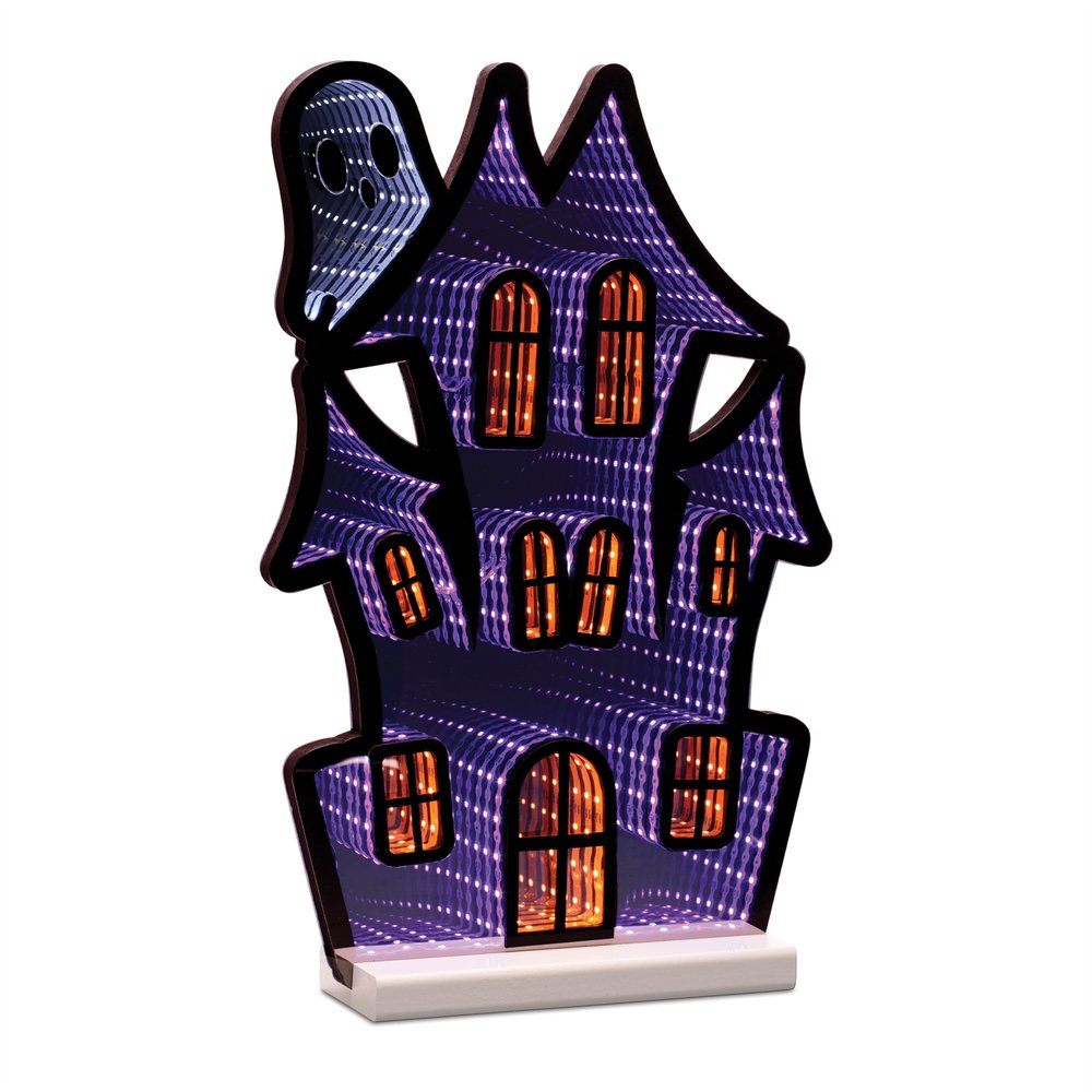 16" Black Orange And Purple Acrylic House Halloween Ghost Tabletop Sign with LED