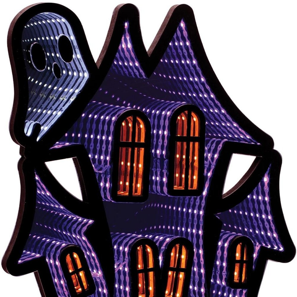 16" Black Orange And Purple Acrylic House Halloween Ghost Tabletop Sign with LED