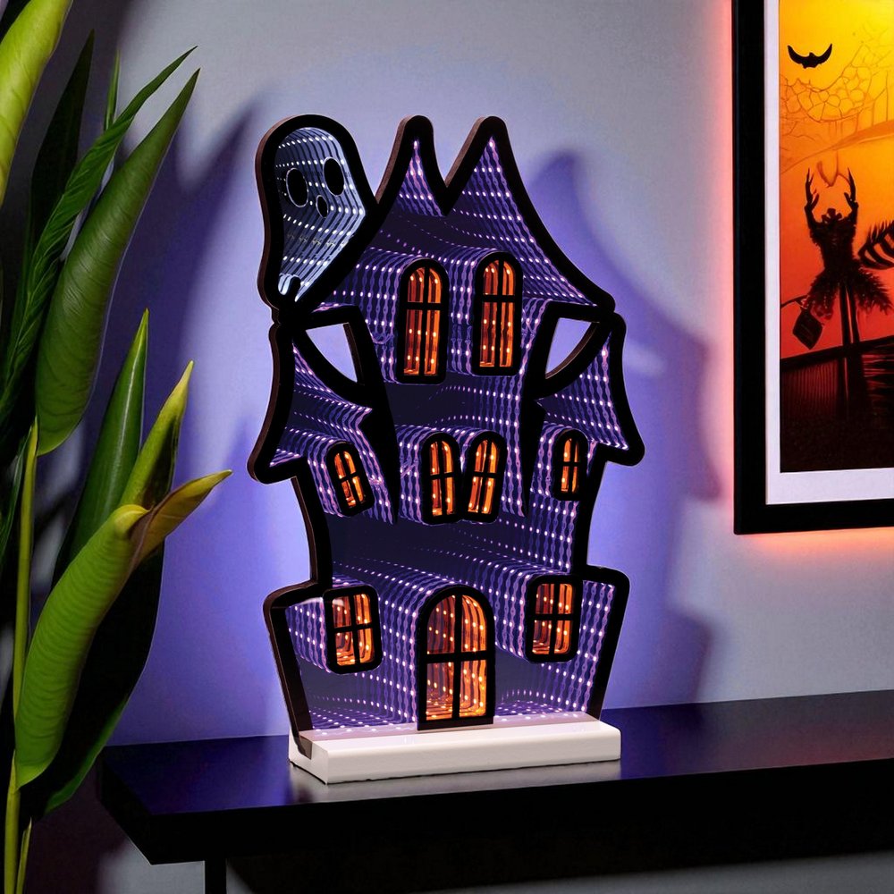 16" Black Orange And Purple Acrylic House Halloween Ghost Tabletop Sign with LED