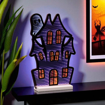 16" Black Orange And Purple Acrylic House Halloween Ghost Tabletop Sign with LED