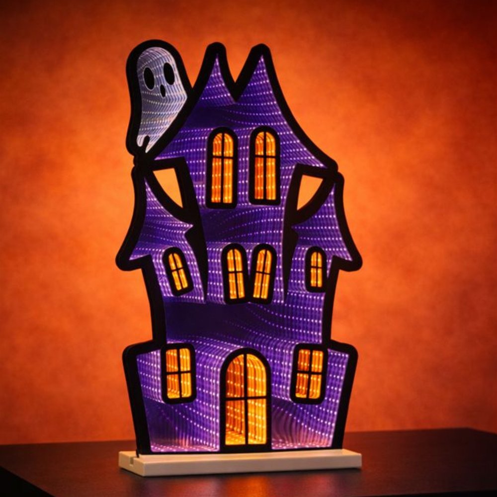 24" Black Orange And Purple Acrylic House Halloween Ghost Tabletop Sign with LED