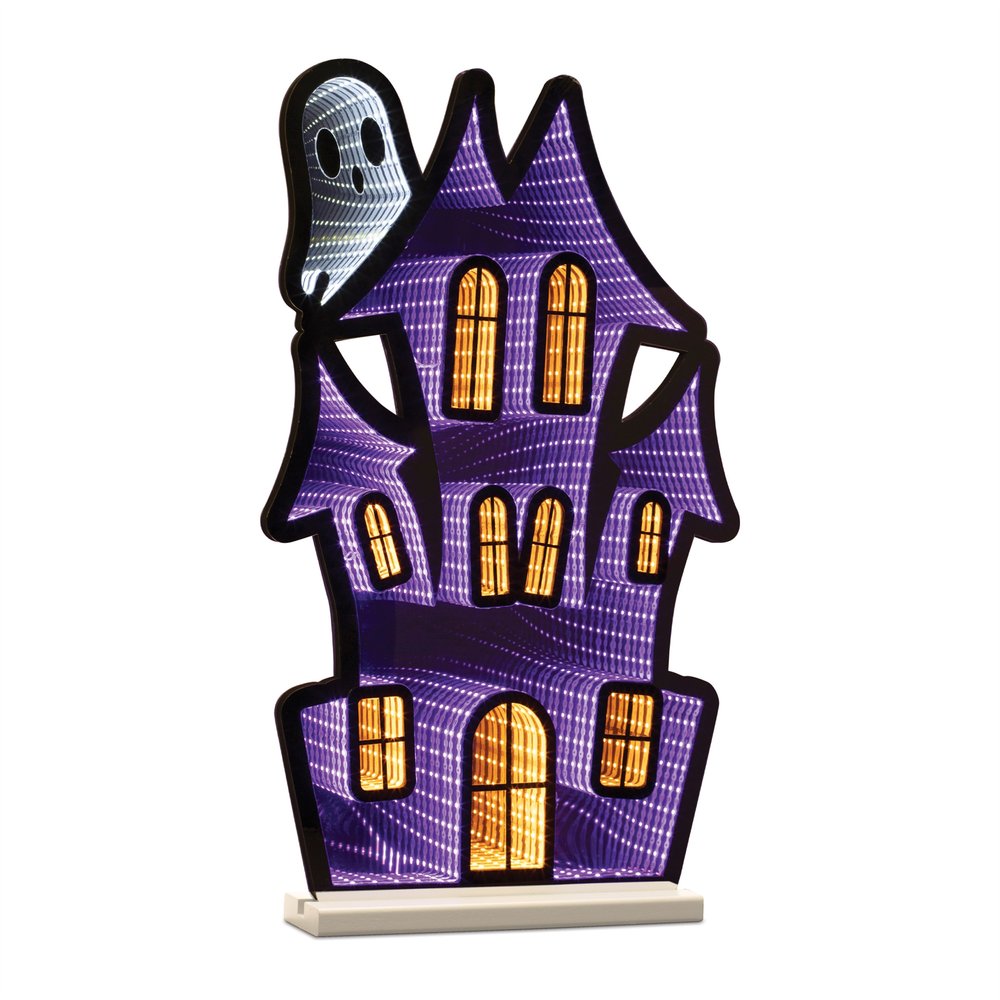 24" Black Orange And Purple Acrylic House Halloween Ghost Tabletop Sign with LED