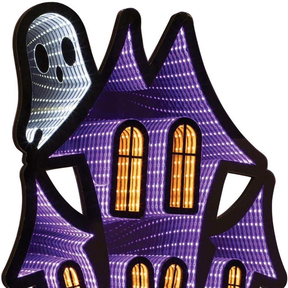 24" Black Orange And Purple Acrylic House Halloween Ghost Tabletop Sign with LED