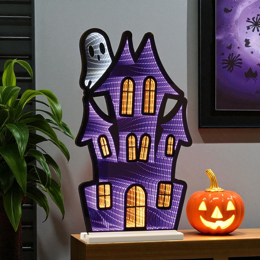 24" Black Orange And Purple Acrylic House Halloween Ghost Tabletop Sign with LED