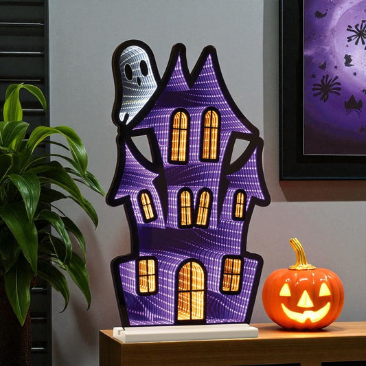 24" Black Orange And Purple Acrylic House Halloween Ghost Tabletop Sign with LED