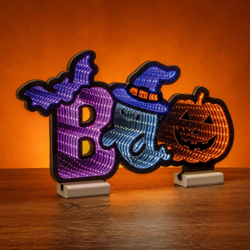 10" Purple Orange And Black Acrylic Halloween Tabletop Sign with LED
