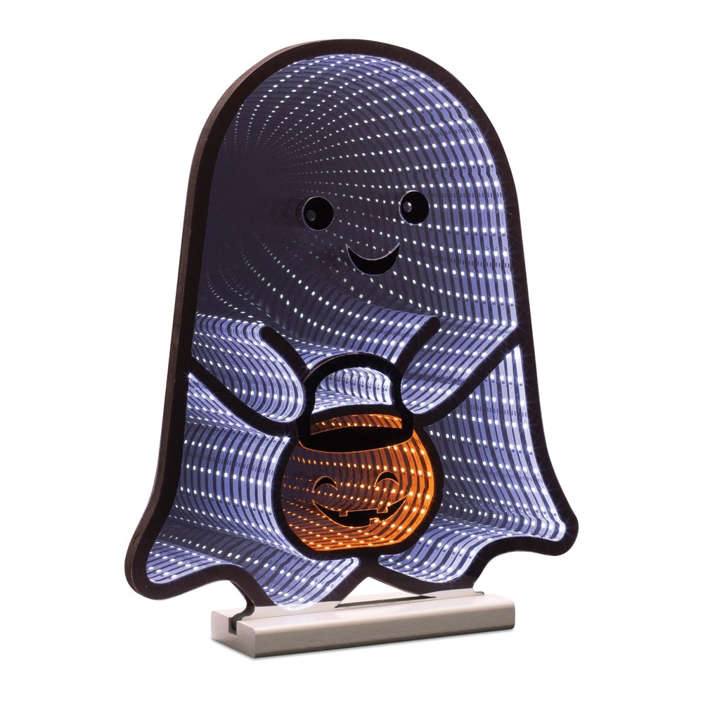 16" White Orange And Black Acrylic Halloween Ghost Tabletop Sign with LED