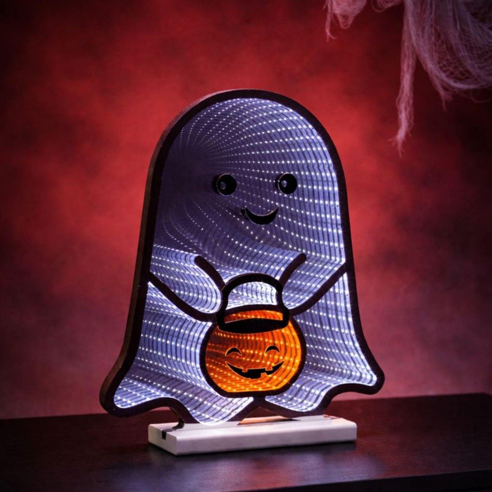 16" White Orange And Black Acrylic Halloween Ghost Tabletop Sign with LED