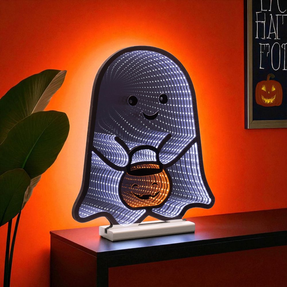 16" White Orange And Black Acrylic Halloween Ghost Tabletop Sign with LED