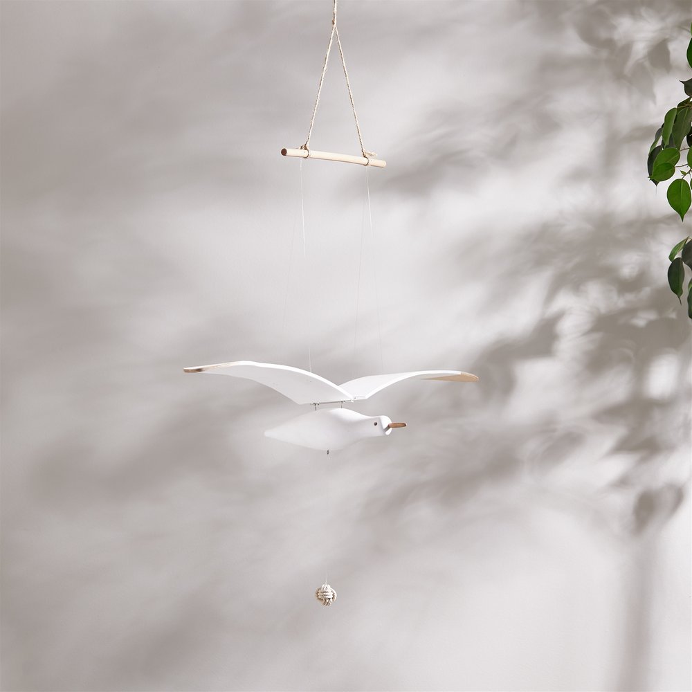 37" White And Natural Hanging Seagull Decorative Sculpture
