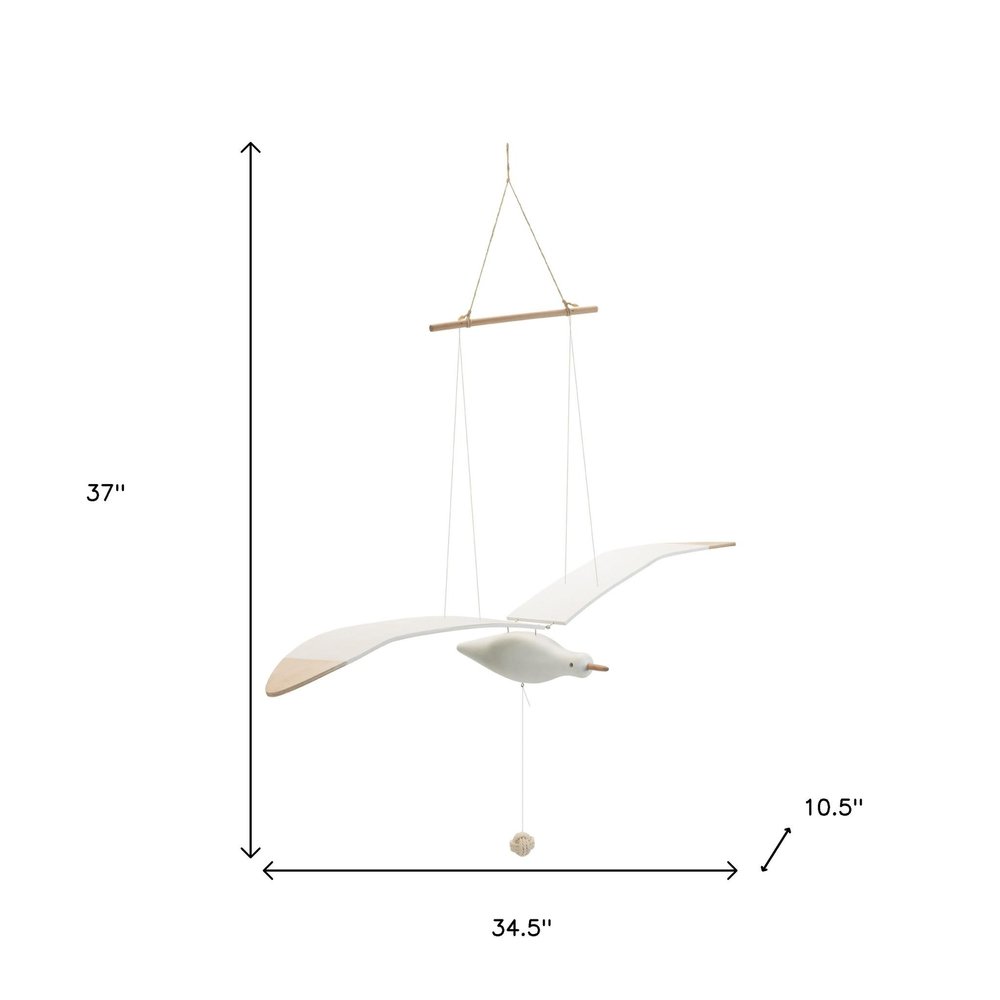 37" White And Natural Hanging Seagull Decorative Sculpture