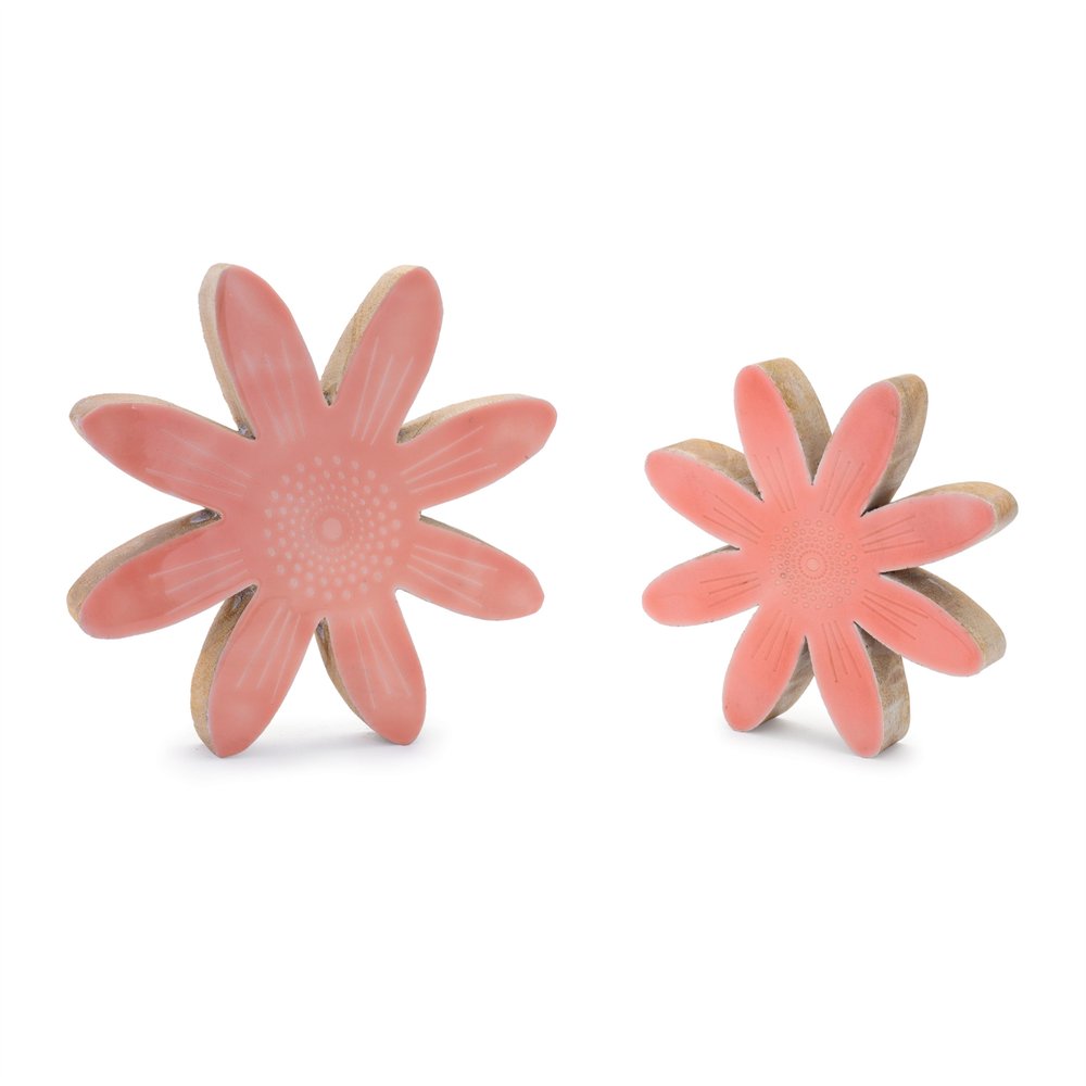 Set of Two Pink And Beige Wood Flowers Tabletop Sculpture