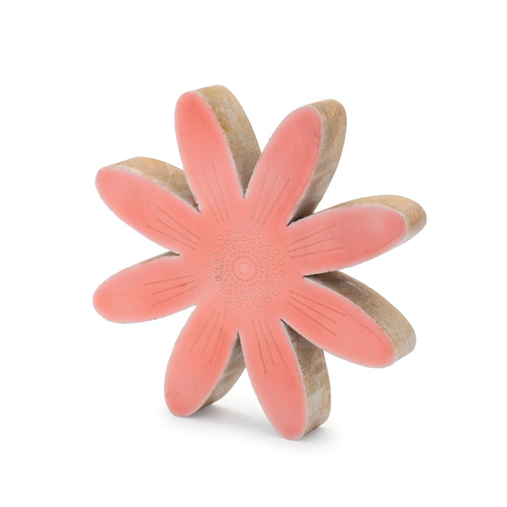 Set of Two Pink And Beige Wood Flowers Tabletop Sculpture