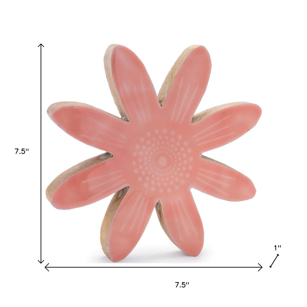 Set of Two Pink And Beige Wood Flowers Tabletop Sculpture