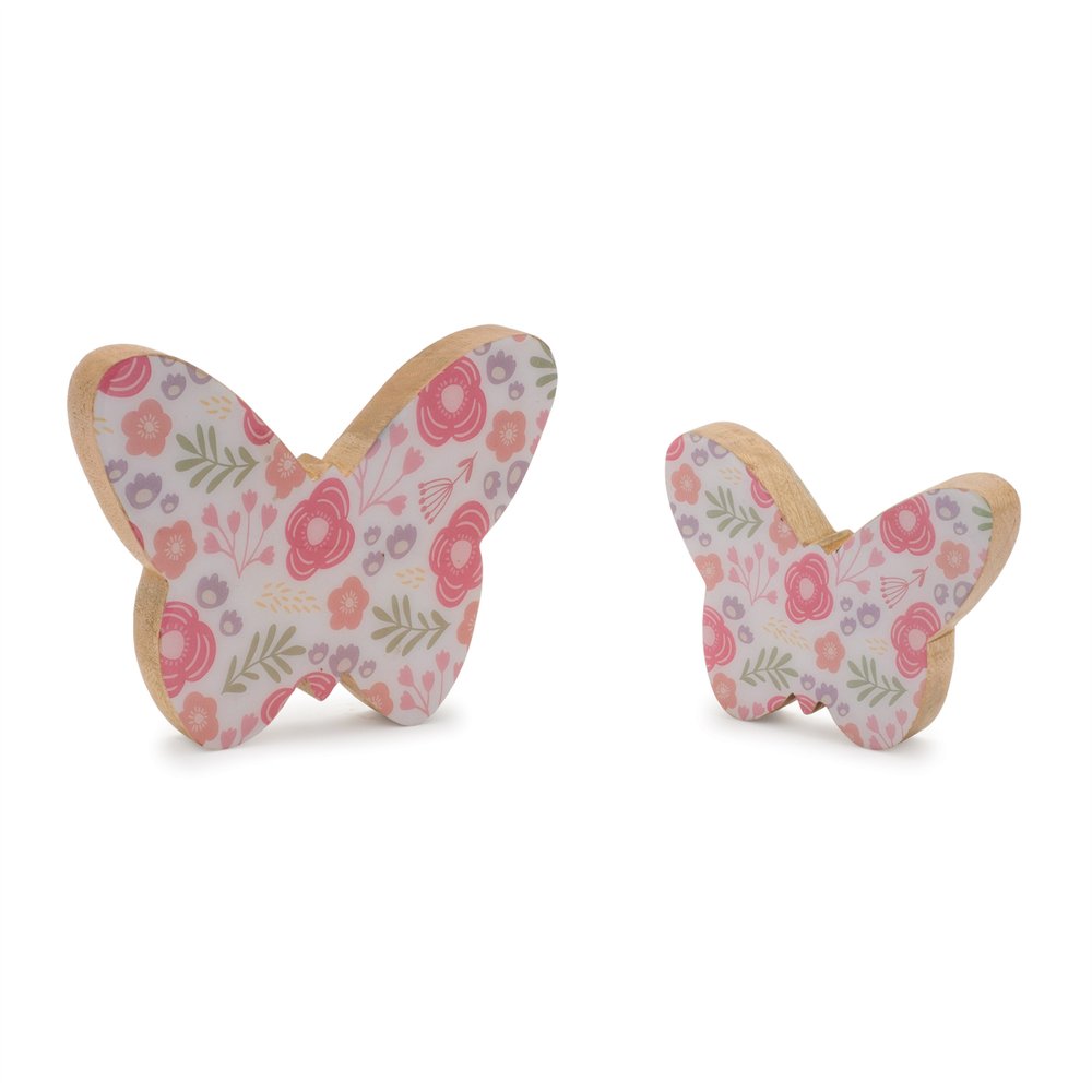 Set of Two White And Pink Wood Butterfly Tabletop Sculpture