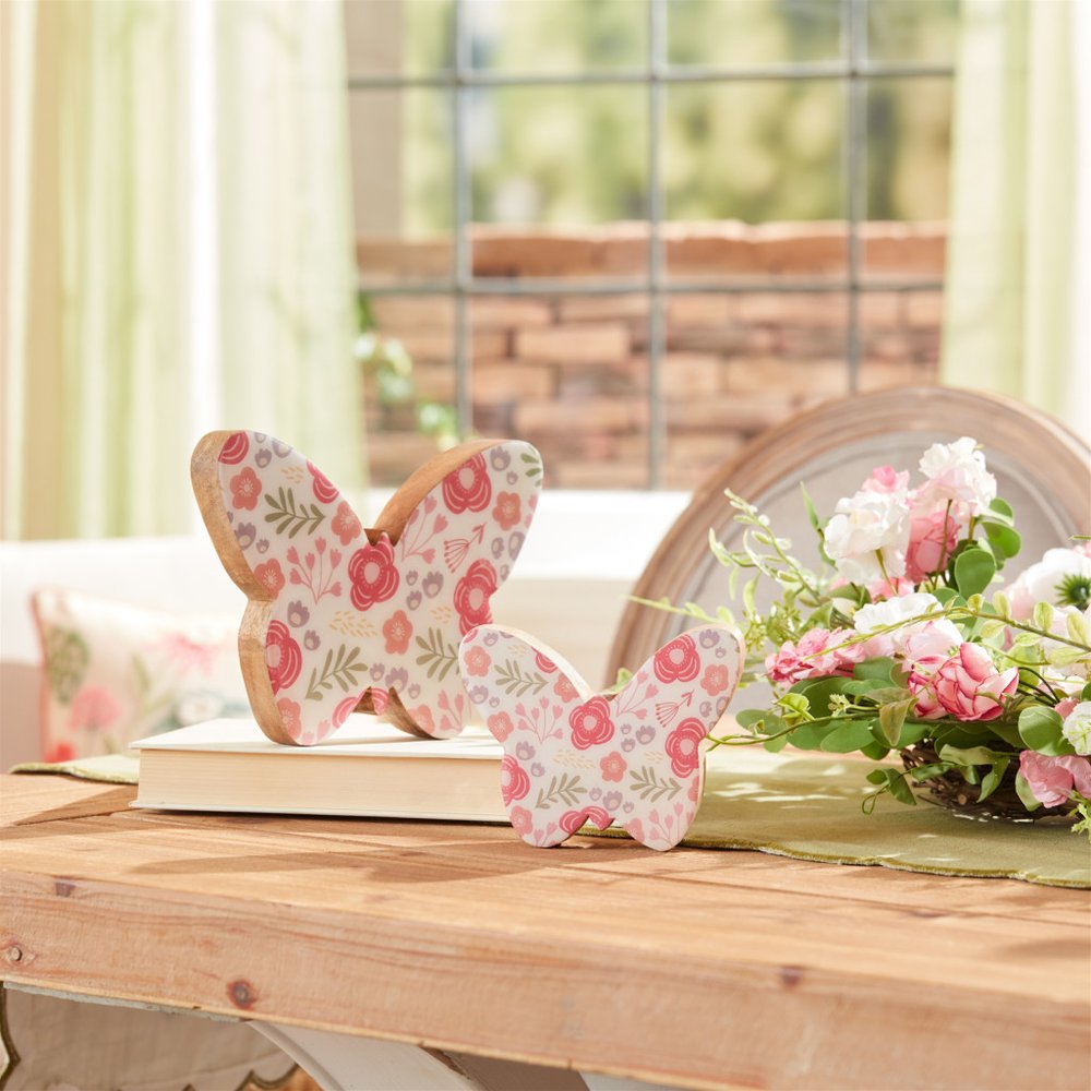 Set of Two White And Pink Wood Butterfly Tabletop Sculpture