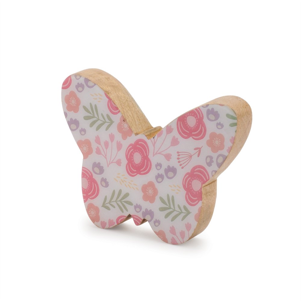 Set of Two White And Pink Wood Butterfly Tabletop Sculpture